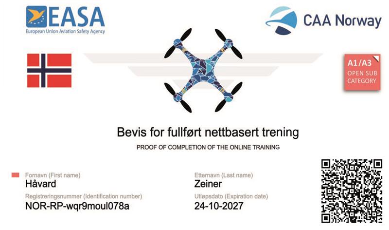 Sertifikat_Droneflyging_hz_TRFK.jpg Sertifikat for droneflyging. Bevis med QR-kode