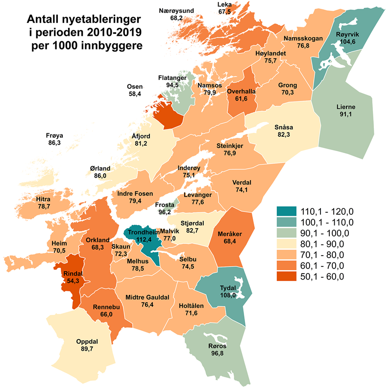 Antall nyetableringer i perioden 2010-2019 per 1000 innbyggere