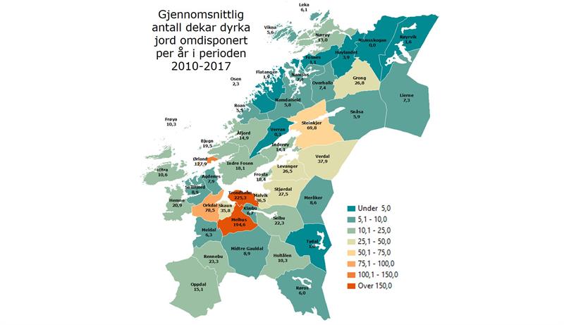 Kart som viser gjennomsnittlig antall dekar dyrka jord omdisponert per år i perioden 2010-2017 (Illustrasjon: Trøndelag fylkeskommune)