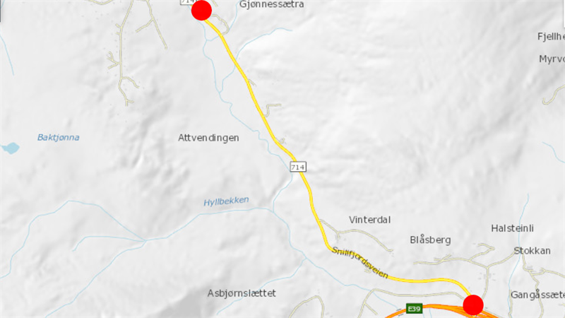 Kart over strekningen Stokkhaugan og Gjønnessætra i Orkland kommune.