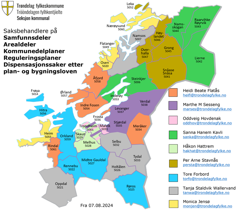 Kommunefordeling av saksbehandlere Kommunekontakter i fylkeskommunen på saker etter plan- og bygningsloven.