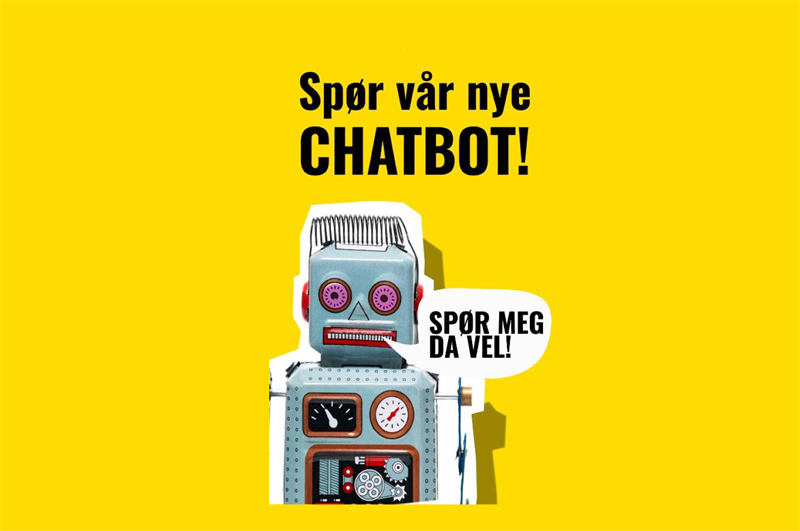 Illustrasjon: Chatbot Illustrasjonsbilde som viser en robot med snakkeboble som sier "spør meg da vel"