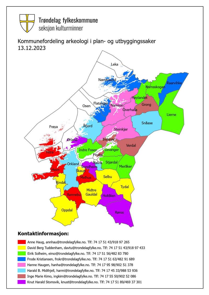 Kart over kommunefordeling i plan og utbyggingssaker for arkeologi og eldre tid fra 13. desember 2023