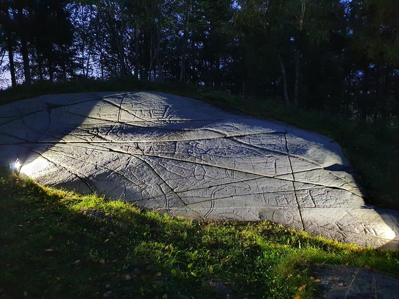 Helleristningene på bergflaten på Evenhus i Frosta kommune. Foto: Helle Vangen Stuedal