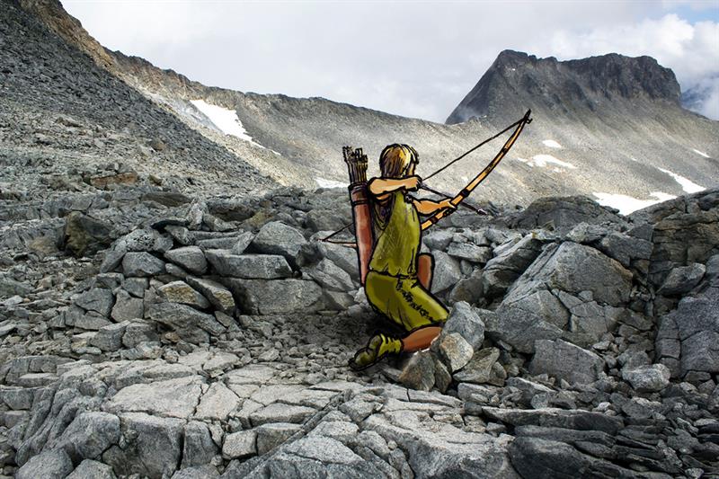 Illustrasjon av bueskytter fra jernalder ved buestilling i fjellet. Illustrasjon av Pål Ødegård