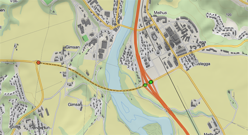 Kart FV708 Hølondvegen ved Melhus