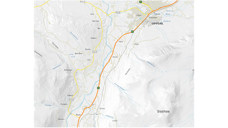 E6 og fylkesveg 6522 sør for Oppdal. Kart