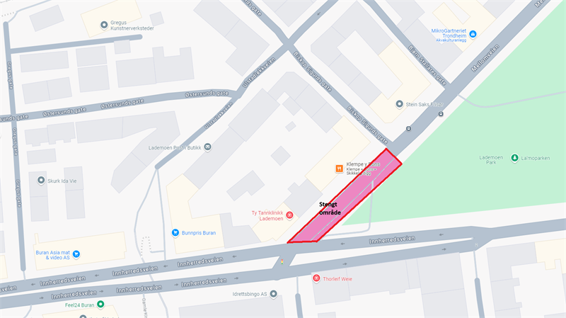 Kart Kart som viser hvor Mellomveien blir stengt. Kartgrafikk