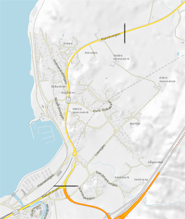 Kart som viser hor det skal asfalteres på fylkesveg 950