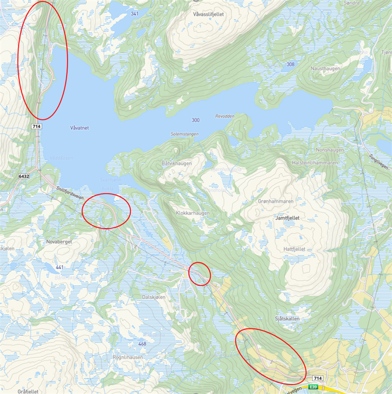 kart714.png Kartet viser de fire strekningene som skal utbedres. Foto: Trøndelag fylkeskommune.