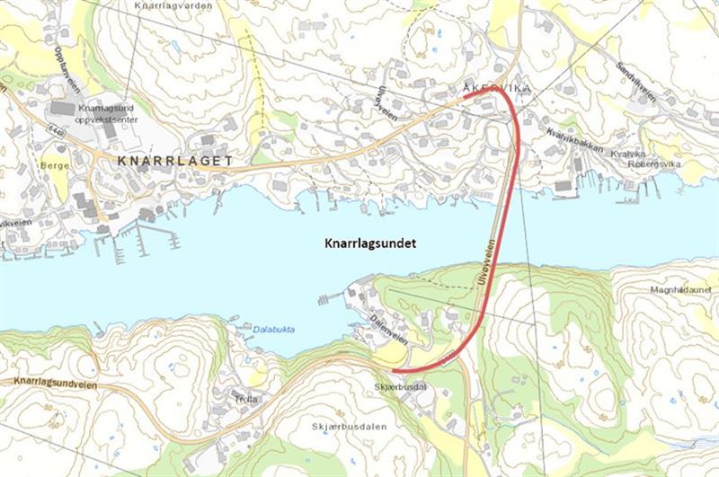 Kartutsnitt for ny bru over Knarrlagsundet. Foto: Trøndelag fylkeskommune.