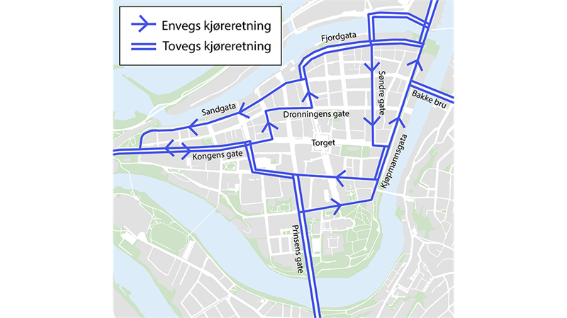 Kart Kart som viser hvor en kan kjøre etter stenging av Prinsenkrysset for personbiltrafikk. Kartgrafikk