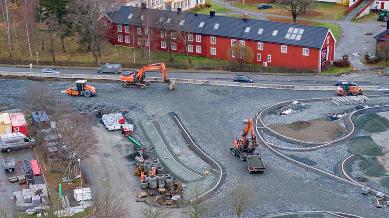 Oversiktsbilde av rundkjøring i Levanger. Bilde