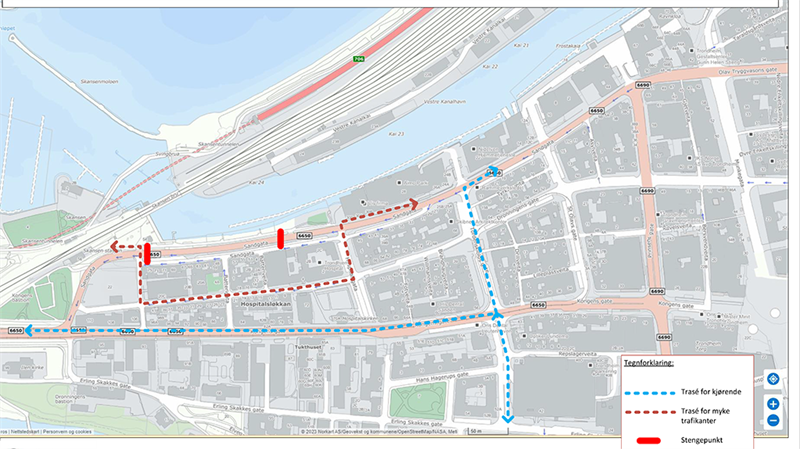 Alternative ruter forbi arbeidsområde i Sandgata i Trondheim. Kart