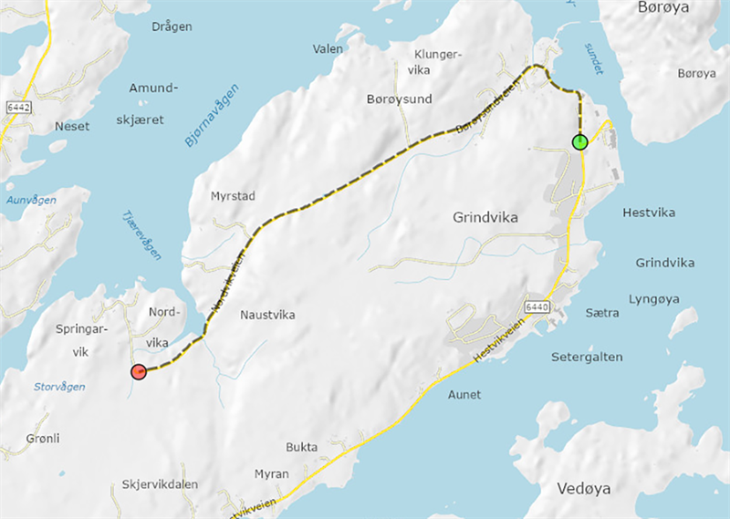 Kartoversikt over fylkesveg i Børøysund. Kartgrafikk