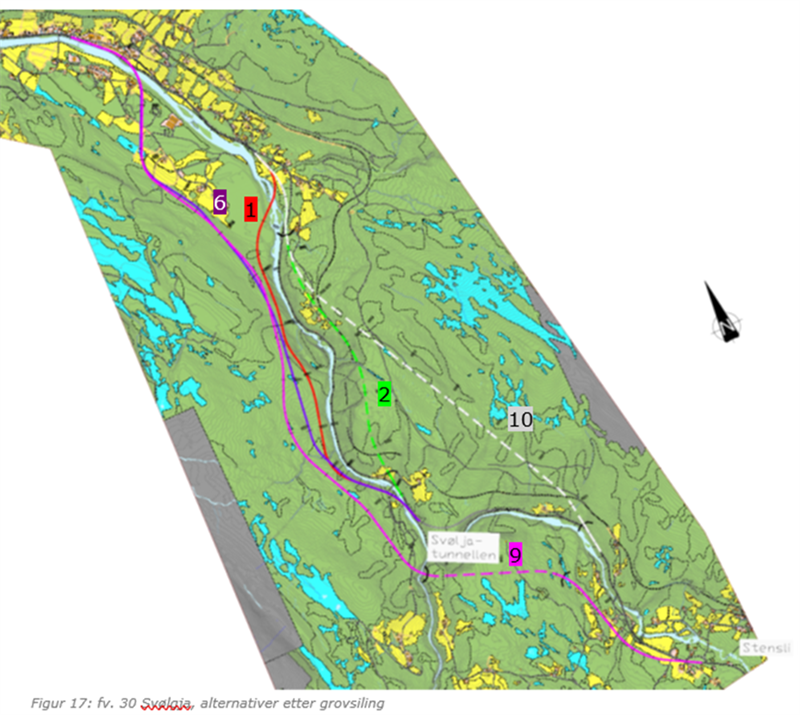 Kart med traséalternativer ved Svølgja på fylkesveg 30.